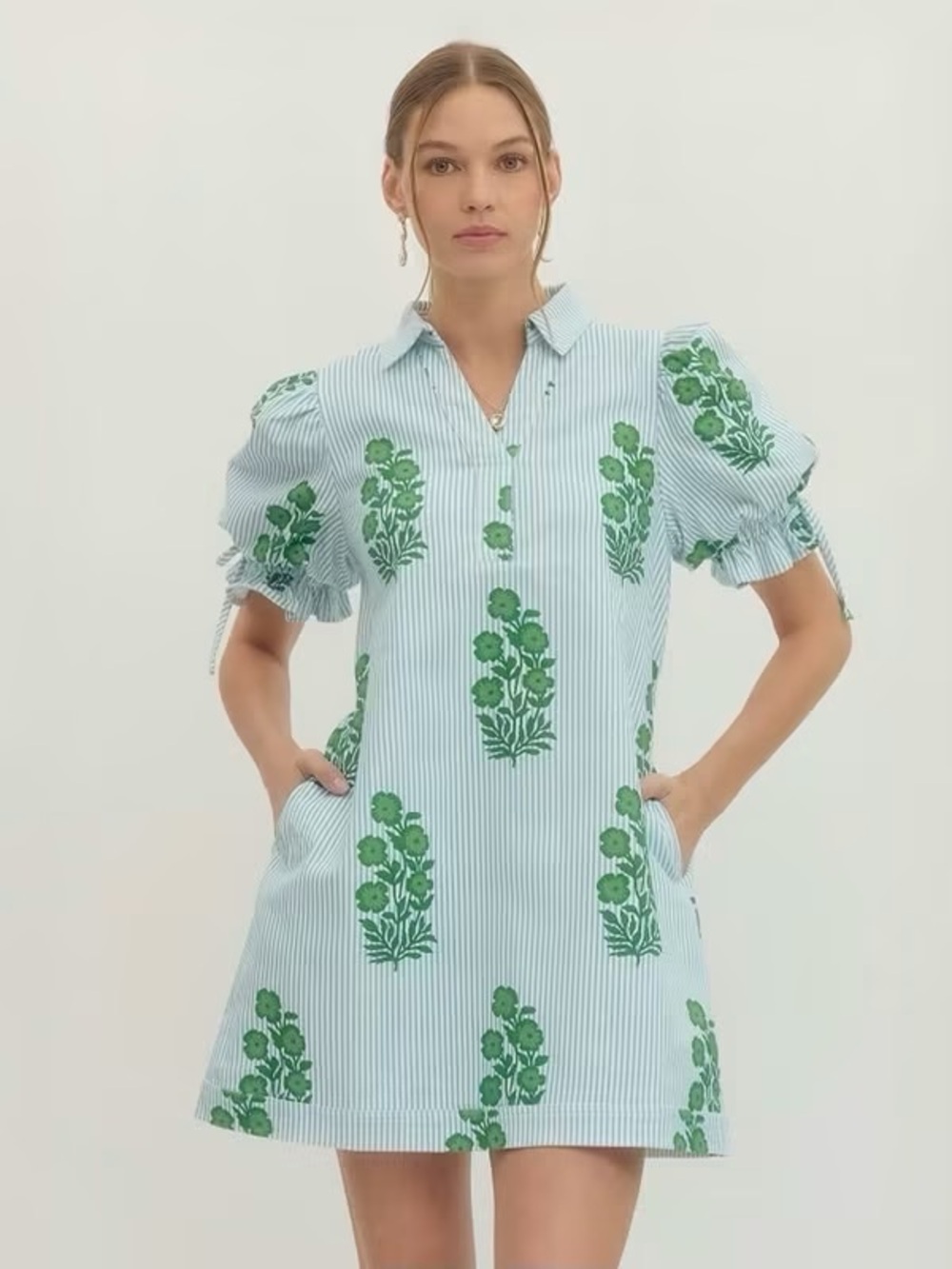 *NWT* entro GREEN AND BLUE Striped Floral Puff SLEEVE DRESS